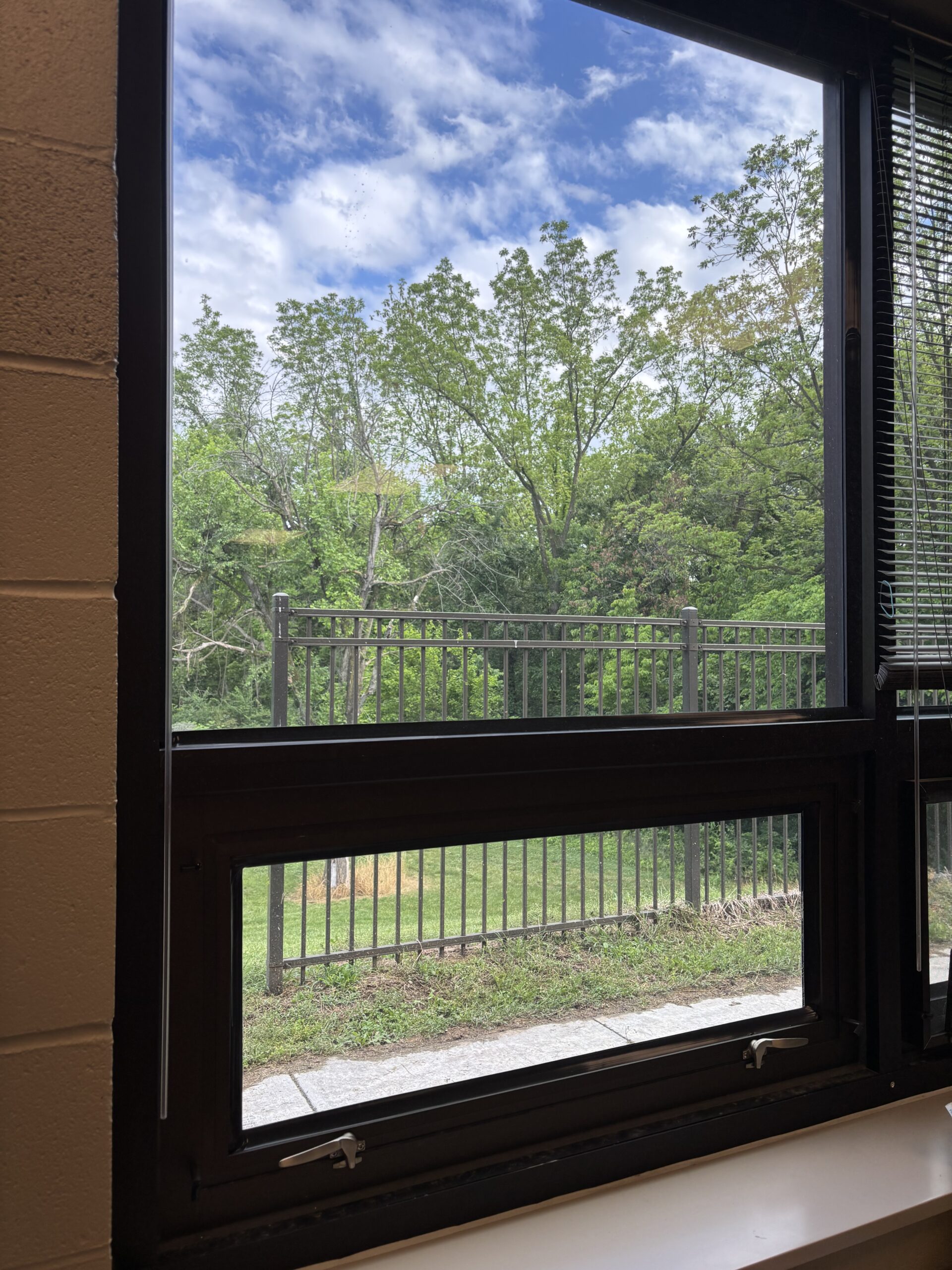Classroom window featuring 16 mil RiotLite security film with attachment for enhanced protection